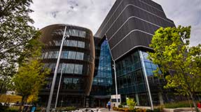 The exterior of the Boston campus's ISEC Building
