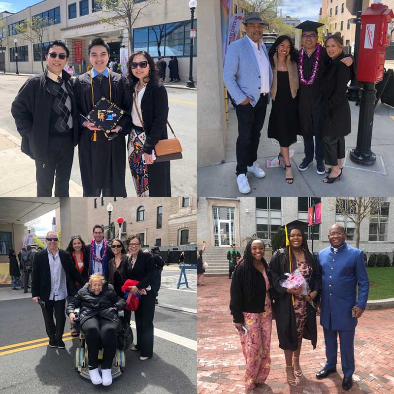 A collage of four graduate photos that show graduates posing with family and friends