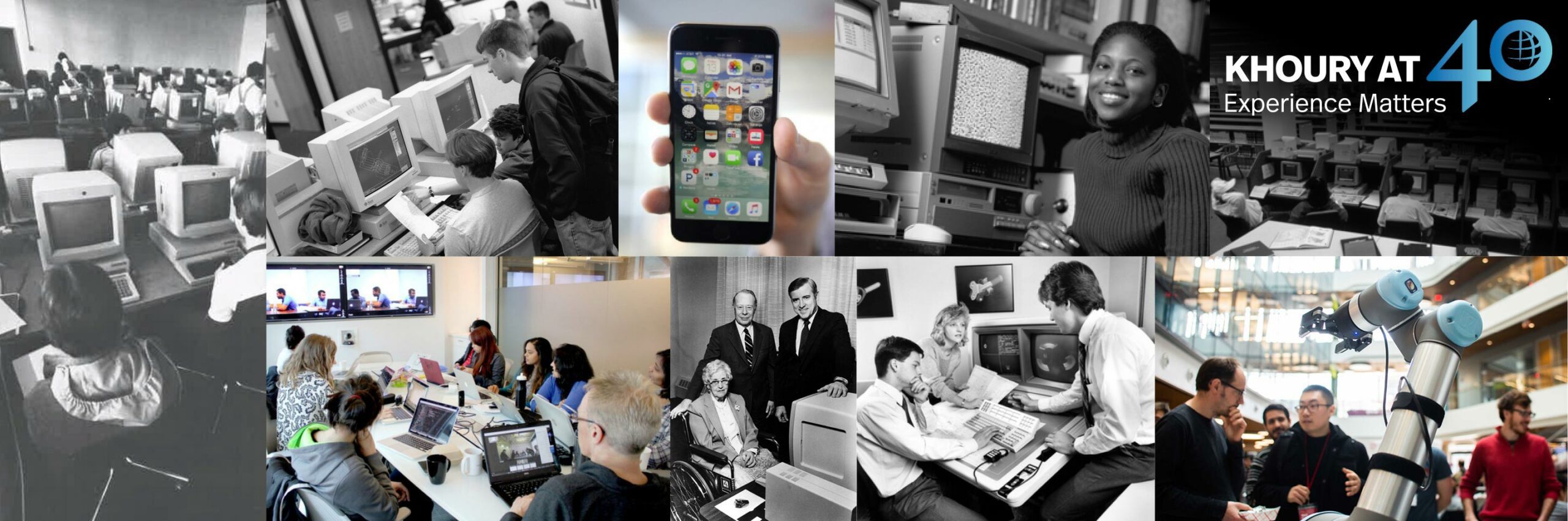 A photo montage of important people and new technologies from the history of Khoury College, including a mobile phone, a woman sitting near a computer during the 1990s, a photo of David and Margaret Fitzgerald Cullinane, a group of students sitting by computers from the 1980s, and faculty and students looking at a robot during the 2010s
