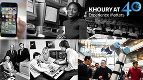 A photo montage of important people and new technologies from the history of Khoury College, including a mobile phone, a woman sitting near a computer during the 1990s, a photo of David and Margaret Fitzgerald Cullinane, a group of students sitting by computers from the 1980s, and faculty and students looking at a robot during the 2010s