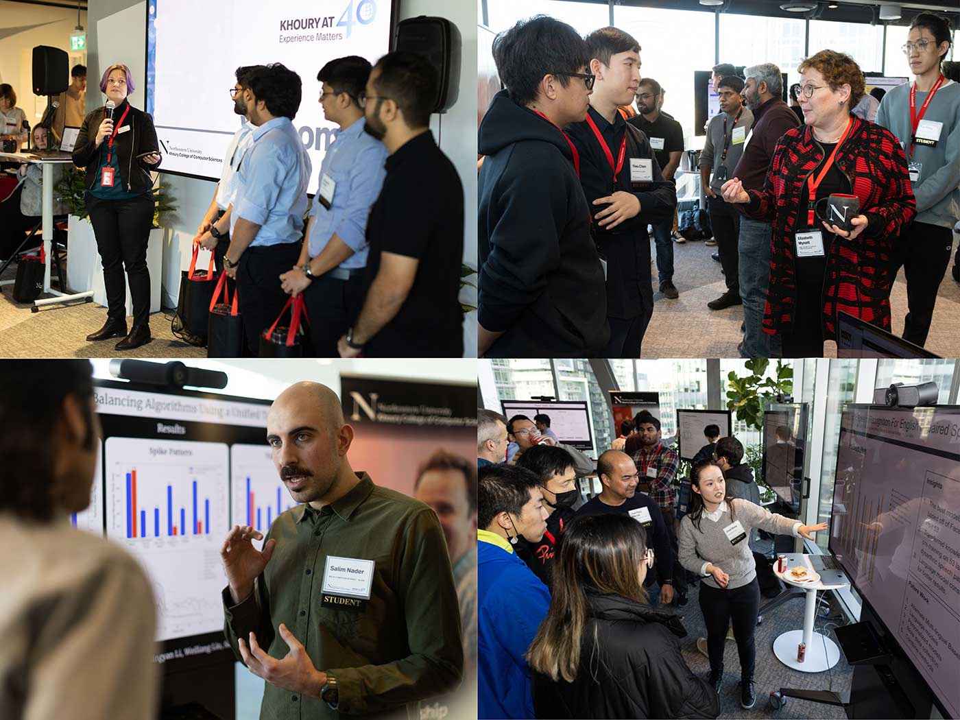 A collage of four photos from the research showcase. Master's students explain their research project to an audience.
