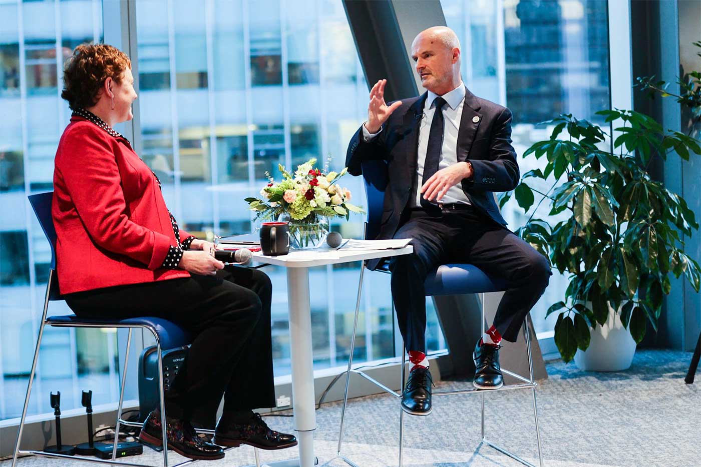 Dean Elizabeth Mynatt and Steve Eccles, Dean and CEO of the Vancouver Campus during the fireside chat at the 40th Anniversary Celebration.