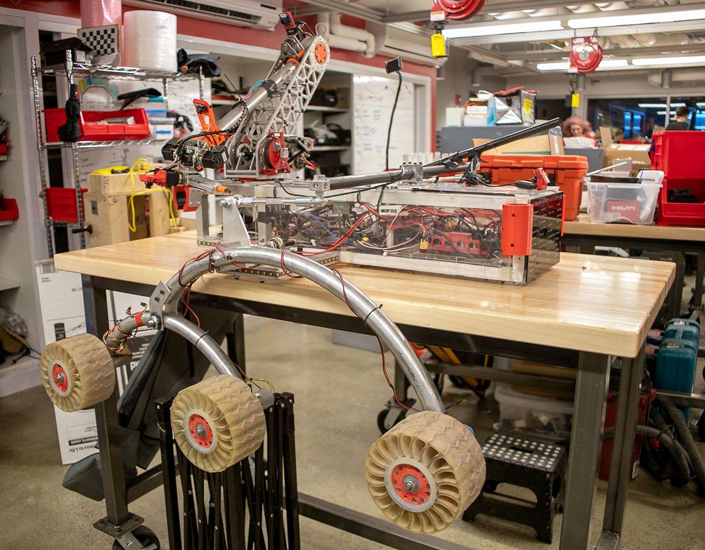 The current iteration of the rover, Watney Mark 4.0, sits in the team’s Richards Hall lab. Photo by Sarah Olender.