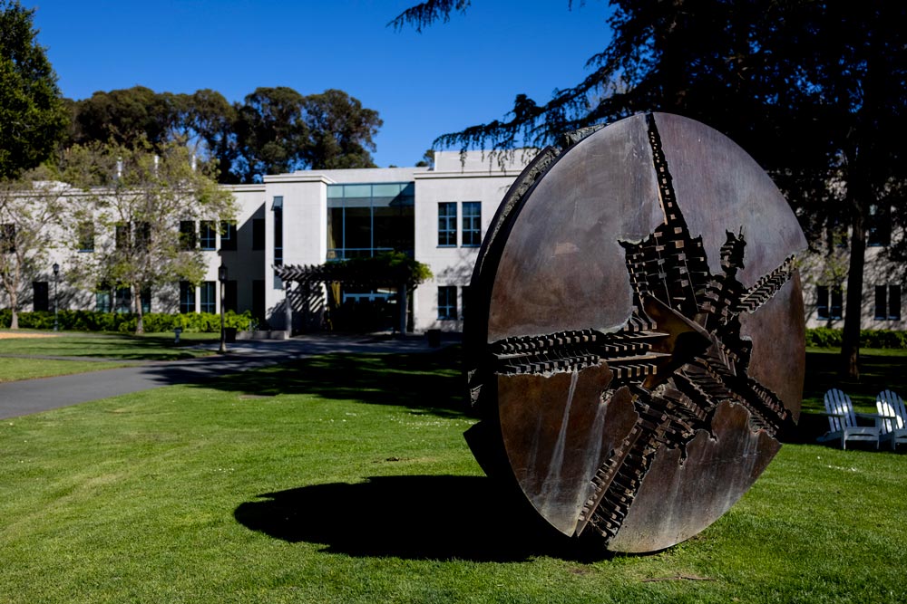 The Disco sculpture in Holmgren Meadow at Mills College on April 19, 2022. Photo by Ruby Wallau for Northeastern University