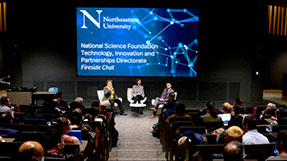 Erwin Gianchandani, assistant director of the National Science Foundation’s newly-formed Directorate for Technology, Innovation and Partnerships, spoke during a fireside chat held in ISEC. Photo by Matthew Modoono/Northeastern University