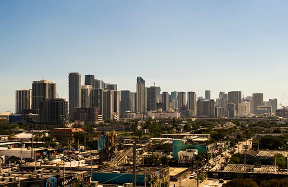 a view of Miami's skyline from the city's Wynwood neighborhood