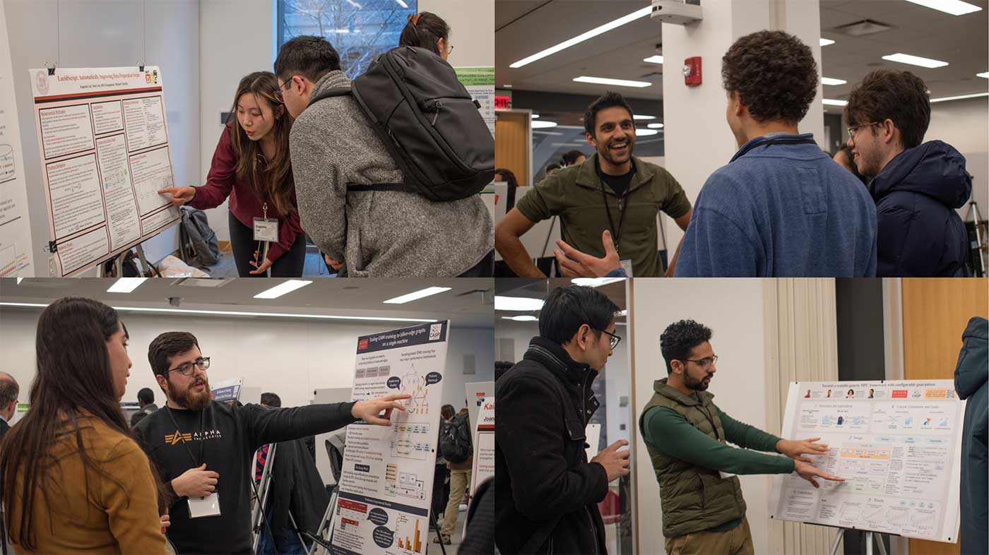 A collage of photos showing researchers discussing their posters with attendees from New England Database Day
