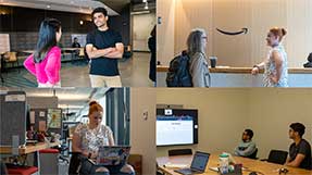 A collage of photos at Amazon Web Services showing two Align students talking, two employees walking in the lobby, and employees working in shared workspaces