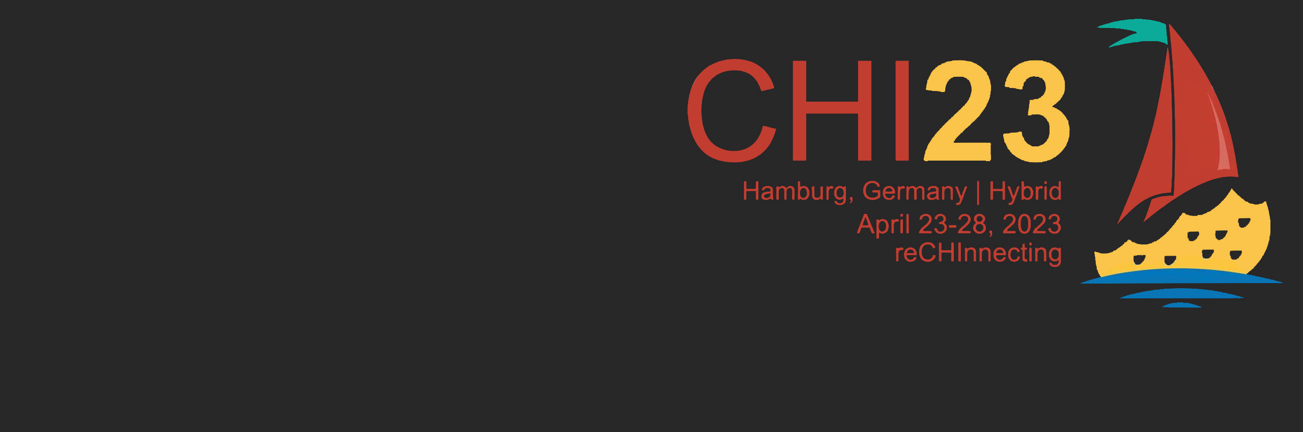 The logo for the CHI23 conference, which shows a sailboat floating in water