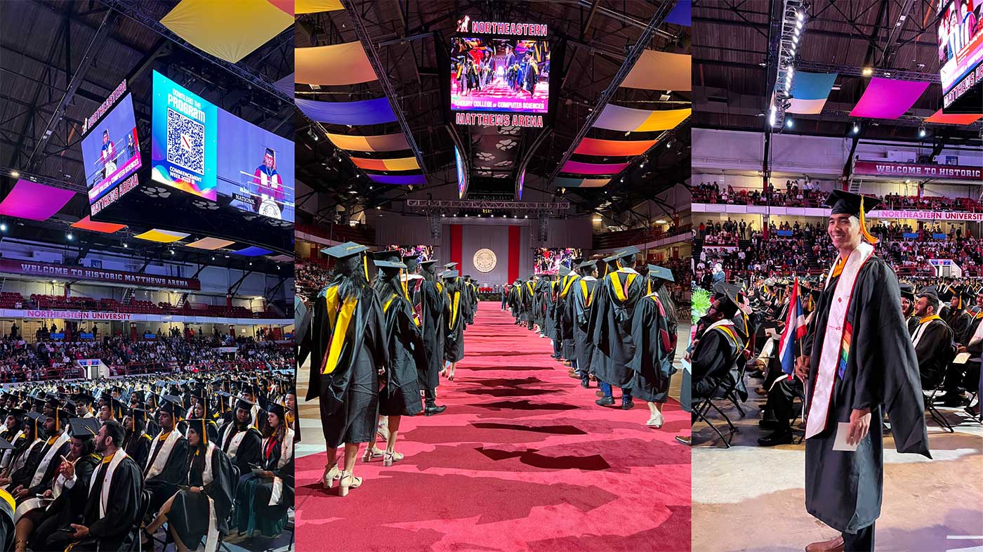 A collage of 3 photos from Khoury College's recognition ceremonies. From left to right: Graduates watch Dean Mynatt's speech, graduates walk down the main aisle, a graduate waits to receive a diploma.