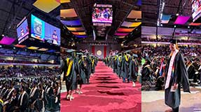 A collage of 3 photos from Khoury College's recognition ceremonies. From left to right: Graduates watch Dean Mynatt's speech, graduates walk down the main aisle, a graduate waits to receive a diploma.