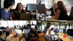 A collage of four photos showing people discussing projects while looking at computers while working at Outcomes4Me