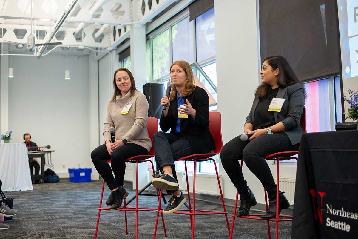 Members of the Women in Tech panel speak at the Khoury 40th anniversary celebration in Seattle.