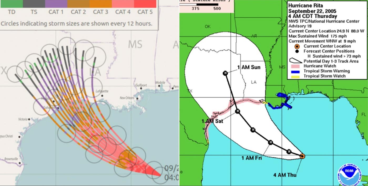 an example of an improved visualization of a hurricane's path that shows how risk varies in different areas