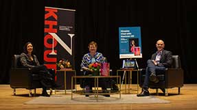 Kashmir Hill, Dean Beth Mynatt, and David Choffnes sit on the stage.