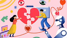 There’s AI to help you get more matches and dates on apps, but experts are skeptical AI can help a person build a lasting connection. Illustration by Renee Zhang/Northeastern University