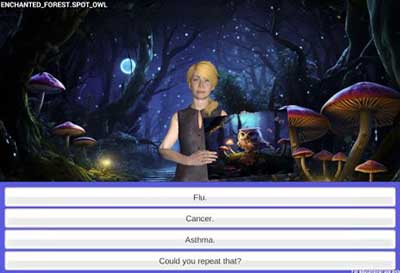 A screenshot from a video game that shows a virtual agent asking a question about the HPV vaccine