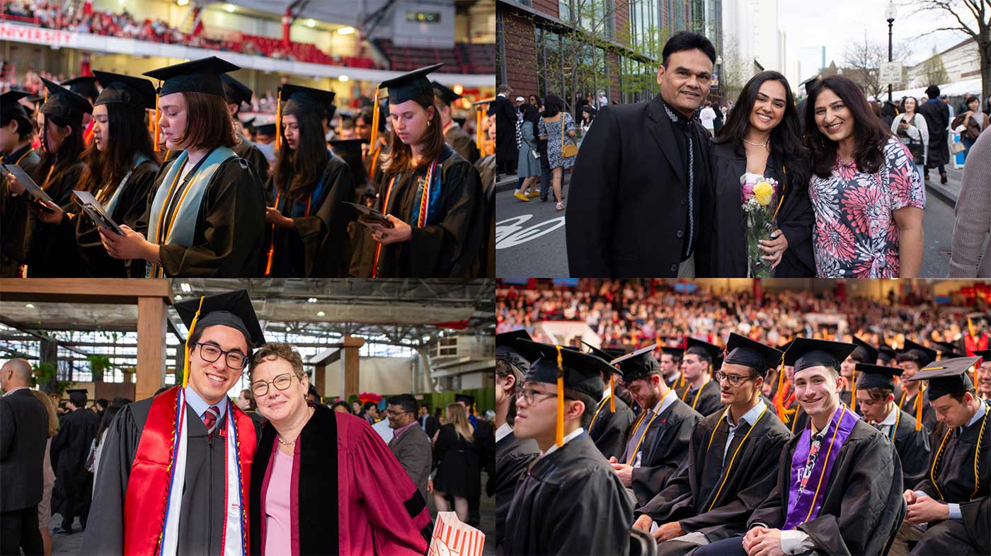 A collage of four photos from the graduation events; clockwise from top left: several graduates read the Khoury College oath, a graduate holding a bouquet of flowers smiles while standing between family members, several graduates smile while seated during the ceremony, and undergraduate James Chang-Davidson (left) smiles while standing next to Dean Beth Mynatt