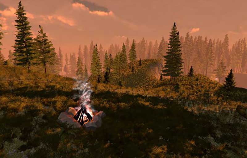 a screenshot from the Stairway to Heaven app that shows a campfire smoldering in a forest of pine trees