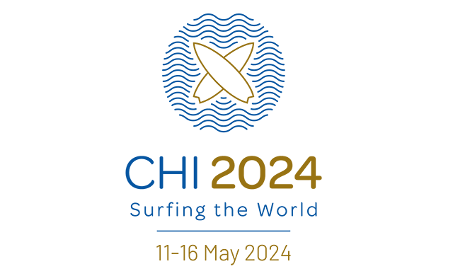 The logo for the CHI 2024 conference that shows ocean waves and surfboards and says: CHI 2024. Surfing the World. 11-16 May 2024