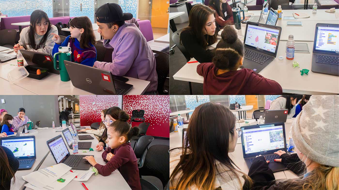 a collage of four photos from the coding workshop for girls. The top left photo shows a girl sitting in front of a laptop speaking with two adults. The top right photo shows a young girl using a drawing application on her laptop while a mentor assists her. The bottom right photos shows one girl typing on a laptop while another girl sits to her left. The bottom left photo shows an elementary-aged girl typing on a laptop while her mentor advises her.