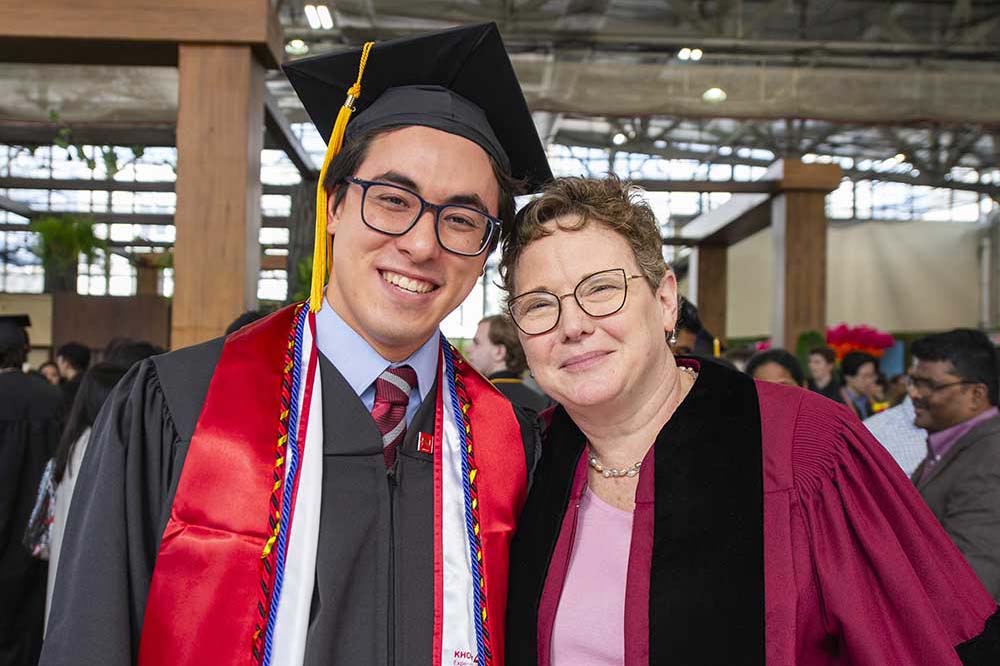 Dean Elizabeth Mynatt shares a moment with James Chang-Davidson, student leader, 2024 Huntington 100 recipient, and graduate.