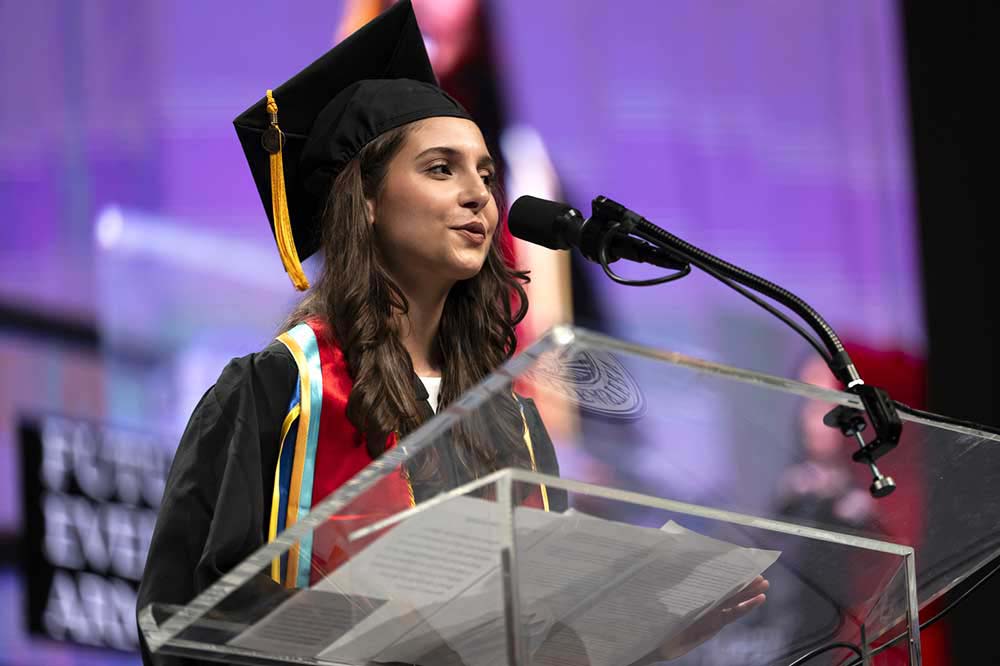 Undergraduate ceremony speaker Sara Takhim cited her father’s words on the value of calm and focus amid adversity.