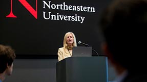 Rear Adm. Susan Blumenthal, M.D., former U.S. assistant surgeon general and White House adviser, speaks at Tuesday’s summit. Photo by Alyssa Stone/Northeastern University