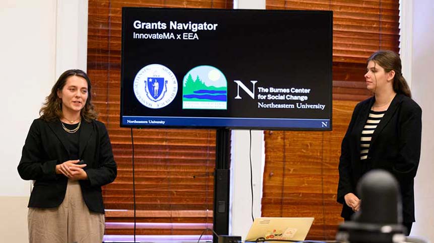 Diane Grant (left) and Rachel Kahn present their AI Grants Navigator on Friday at the Massachusetts State House. Photo by Matthew Modoono/Northeastern University